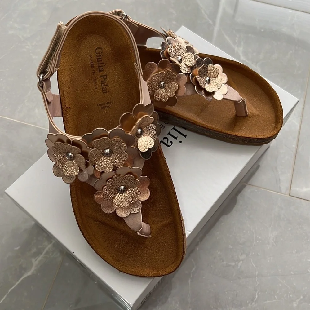 Giulia Palau Made in Italy Big Girl Sandals Velcro Flowers Gold